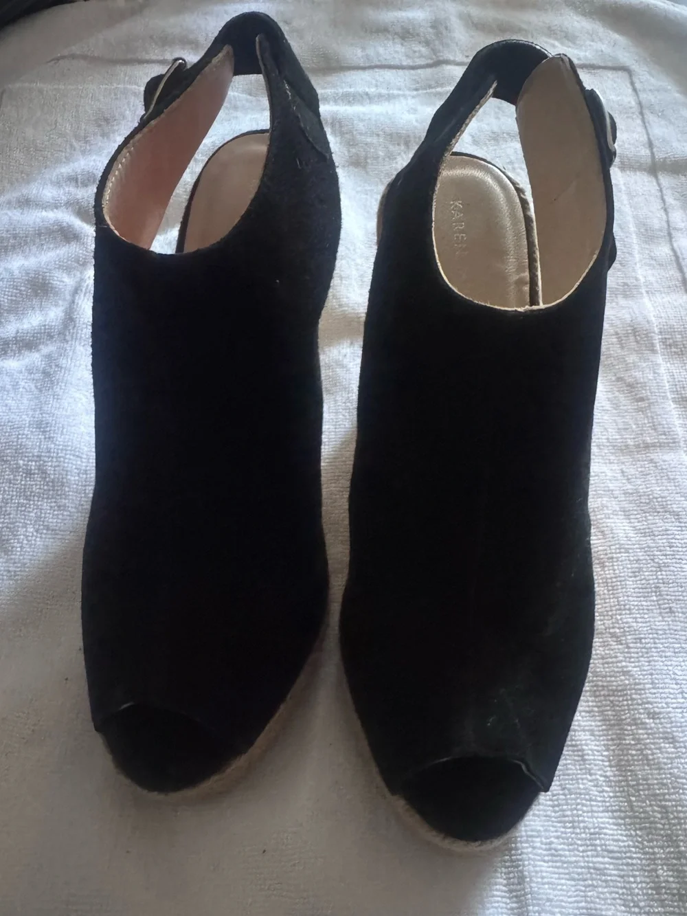 Karen Millen Black Suede Peep-Toe Slingback Wedges